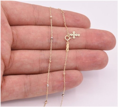 Tricolor Diamond Cut Cross Rosary Anklet in Solid 14K Gold