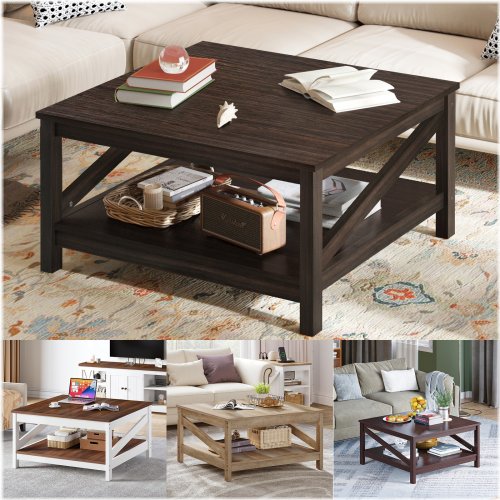 Rustic Square Coffee Table with Dual Storage Shelves