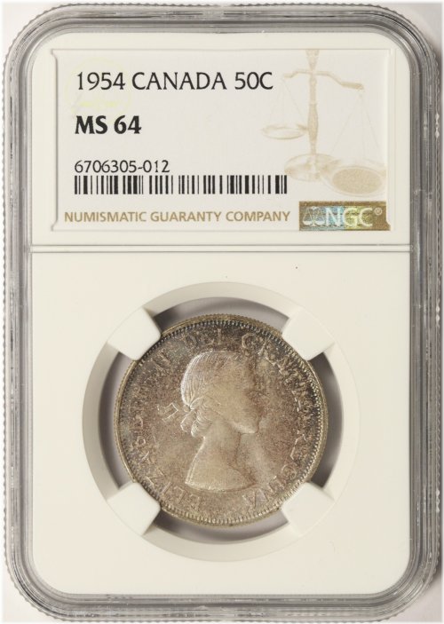 1954 Canadian Silver Half Dollar in NGC MS64