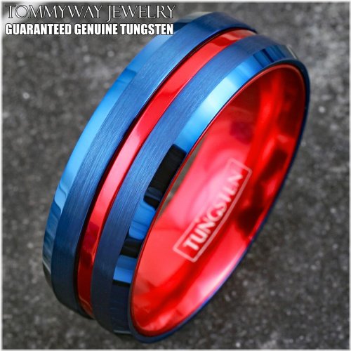 Blue Tungsten Carbide Men's Thin Red Line Wedding Band Ring