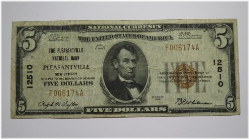 Pleasantville New Jersey $5 1929 National Currency Bank Note