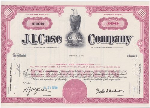 Case Company Vintage Stock Certificate, 1968