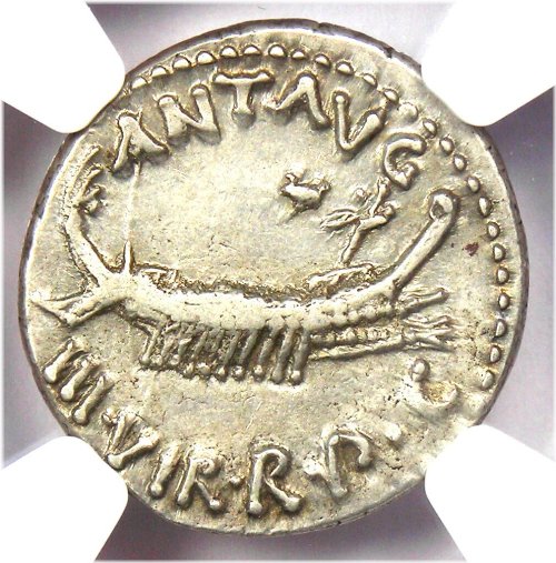 Marc Antony Silver Galley Denarius Coin - 32 BC