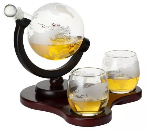 Globe Etched Whiskey Decanter Set