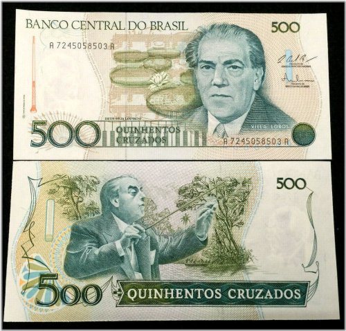 Exotic Banknote from Brazil's Past: 500 Cruzados 1988 UNC Currency Bill