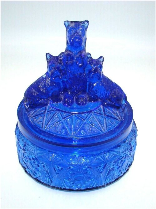 Cobalt Blue Glass Powder Jar with Scottie Dogs