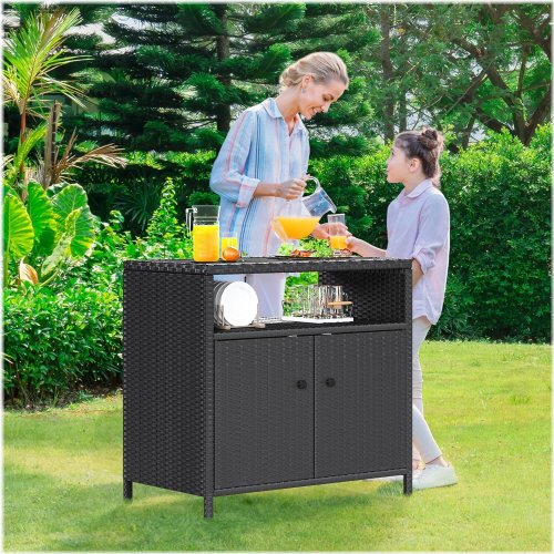 Wicker Bar Table with Storage Cabinet