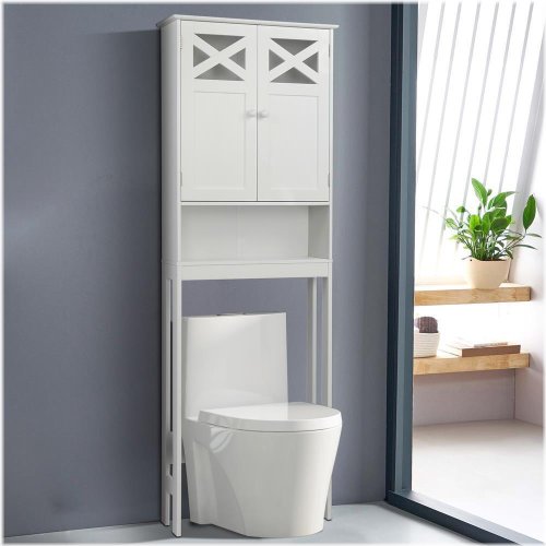 White Bathroom Storage Tower with Cabinet and Shelves