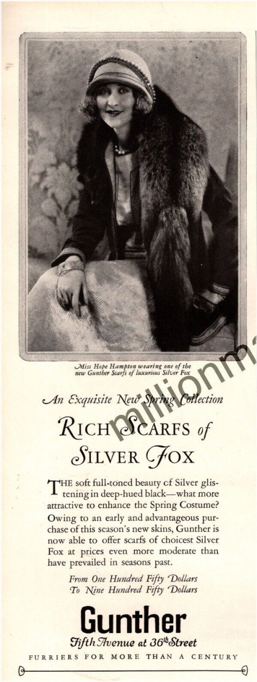 Theatre Ephemera: 1925 Hope Hampton for Gunther Furs Original Ad
