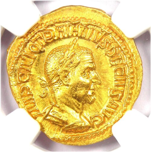 Trajan Decius Gold Aureus Coin - 249-251 AD, NGC Certified AU