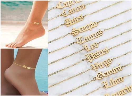 Zodiac Charm Anklets - Elegant Gold Lettering Ankle Bracelets for Women