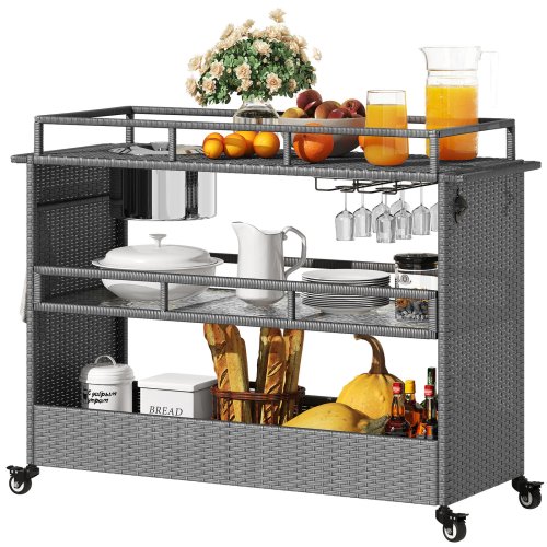 Wicker Outdoor Bar Cart with Ice Bucket