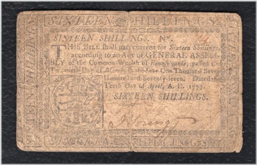 Pennsylvania Colonial Shilling Note - April 1777