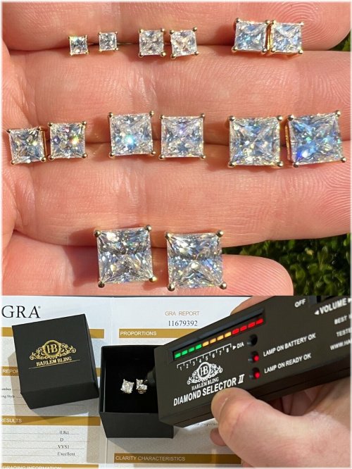 Square Princess Stud Earrings in 14k Gold Plating with Real Moissanite Stones