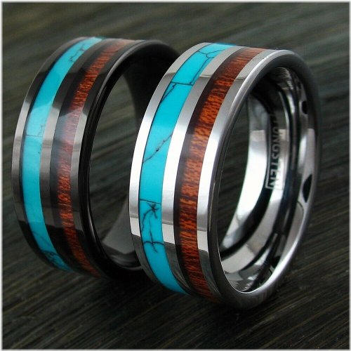 Turquoise Koa Tungsten Ring with Engraving Option