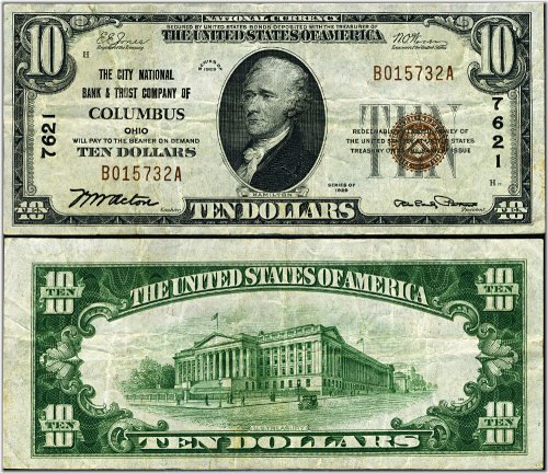 Columbus Ohio $10 1929 T-1 National Bank Note Ch #7621 CNB & TC VF+