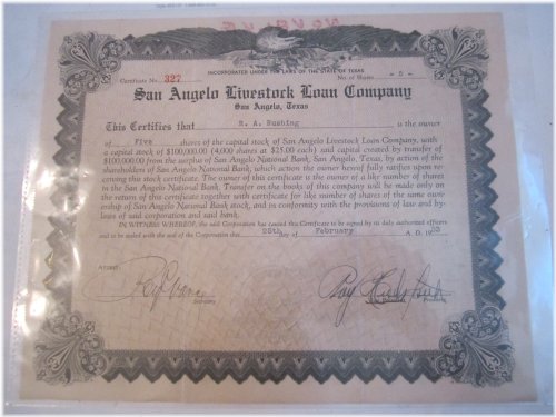 San Angelo Livestock Loan Company Stock Certificate