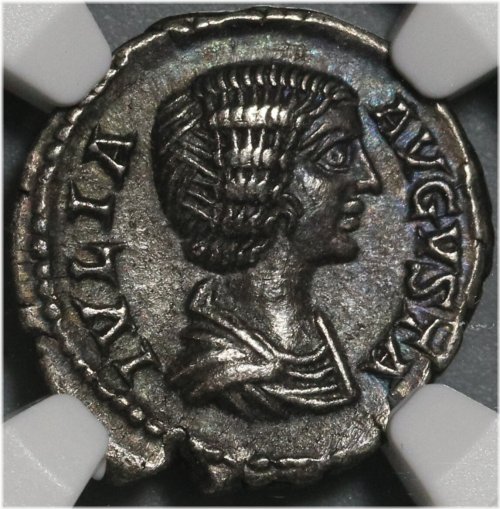 Julia Domna Denarius - Juno Peacock (NGC XF, 21060601C)
