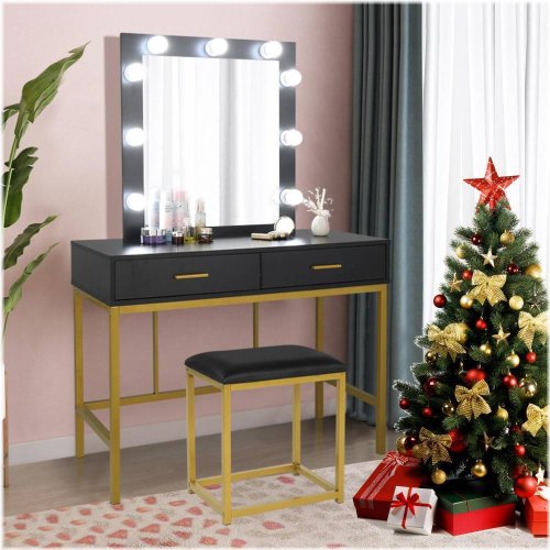 Black Lighted Vanity with Drawers and LED Mirror