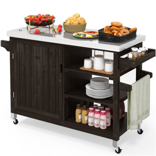 Wooden Grill Cart with Stainless Steel Top and Storage