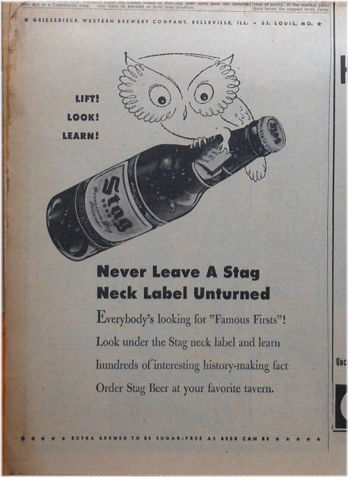 Stag Beer - Owl Neck Label Ad, 1952