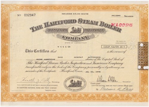 Hartford Steam Boiler Inspection Insurance Company Stock Certificate - Connecticut