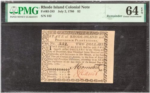 Rhode Island July 2nd, 1780 $2 Colonial Currency Grade 64