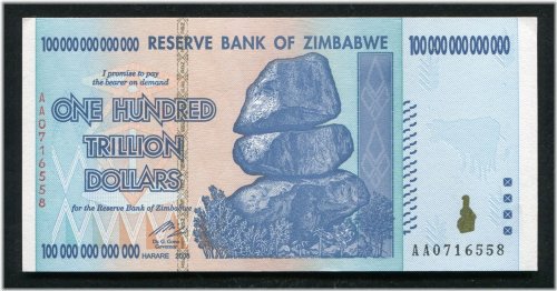 2008 Reserve Bank of Zimbabwe 100 Trillion Dollars - AA P-91 Gem Uncirculated