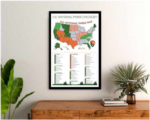 National Park Checklist Poster: Explore 63 US Parks with Color Map - 12x18