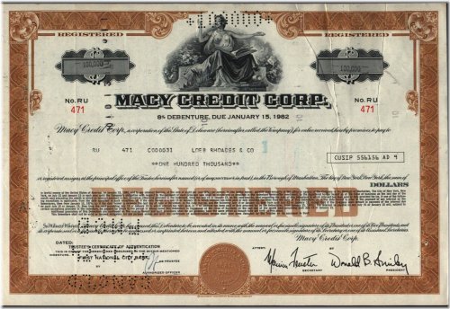 Macy Credit Corporation 1982 Registered Shares