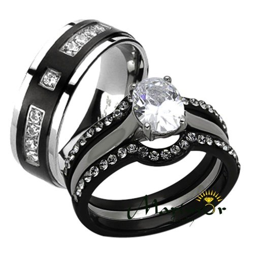 Black & Silver Stainless Steel and Titanium Ring Set