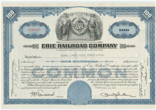 Blue Erie Railroad Stock Certificate