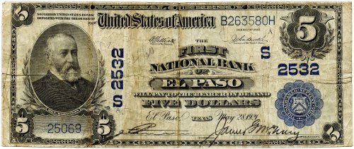 El Paso Plain Back $5 National Banknote