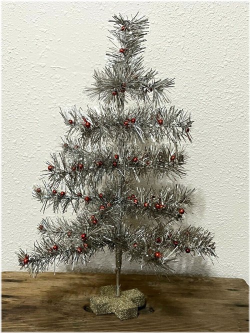 Silver Feathered Tinsel Tree with Red Ornaments