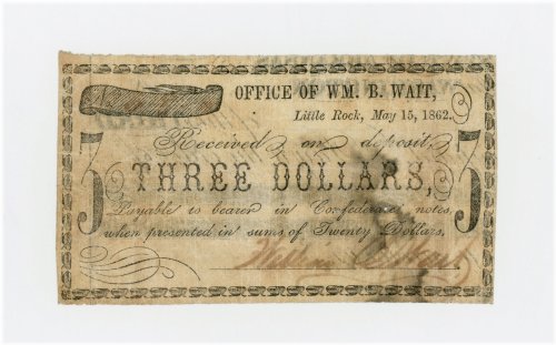 Arkansas Merchant Scrip - 1862 $3 Wm. B. Wait's Office