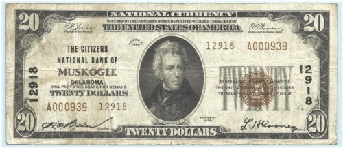 Citizens NB, Muskogee, OK - $20 National Currency 1929 T2 - Ch#12918 - VF