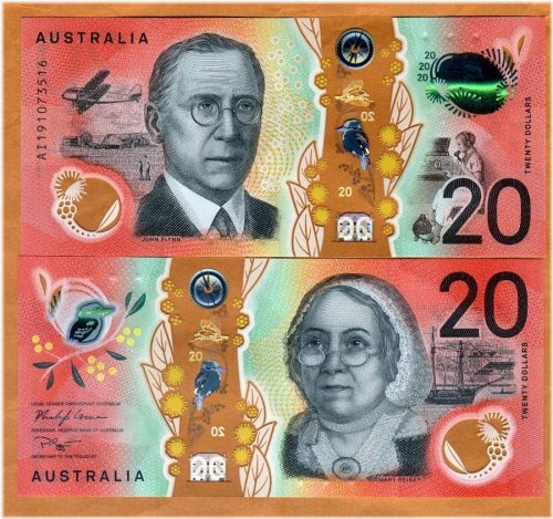 Redesigned Australian Polymer $20 Note with Ship and Airplane