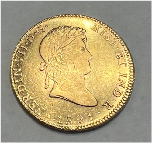 Gold 8 Escudos of Fernando VII from 1821 Mexico