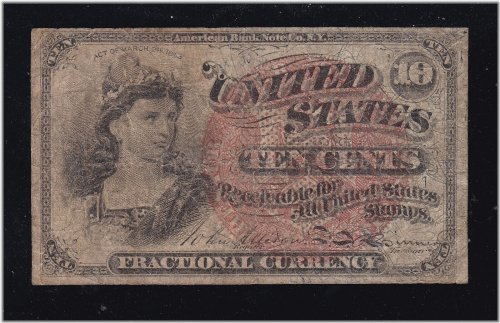 Blue Fiber 10c Fractional Currency Note - 4th Issue Small Seal FR 1261 Fine (30)