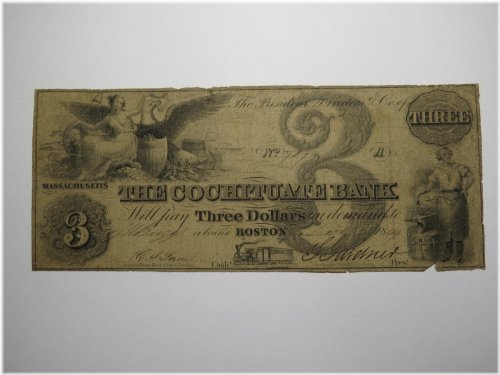 Cochituate Bank $3 1849 Boston MA Bank Note