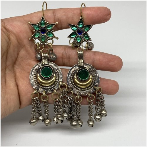 Jingle Star Ethnic Earrings with Green Glass Accents