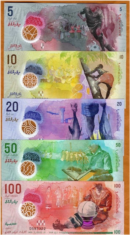 Maldives Rufiyaa Polymer Set - 2015-2018, P-A26-26-27-28-29 UNC