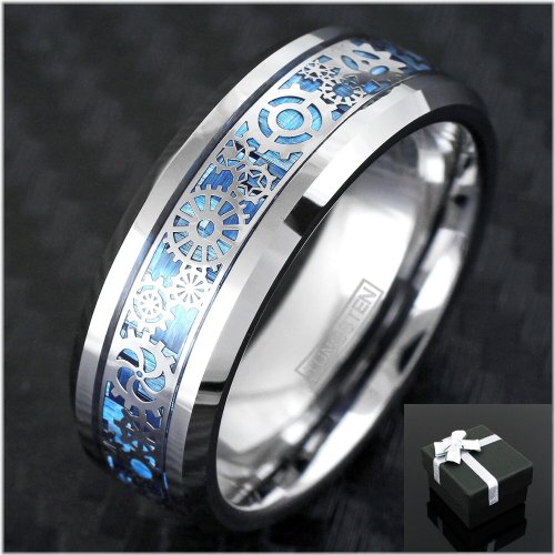 Clockwork Gears Tungsten Wedding Band with Blue Carbon Fiber Inlay