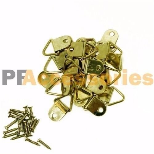 Brass Plated D-Ring Picture Frame Hangers with Screws - Set of 20