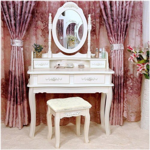 White Wood Dressing Table Set with Mirror, Stool, and Jewelry Storage