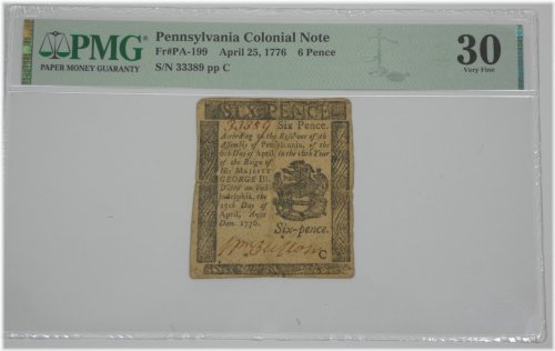 Pennsylvania Colonial 6 Pence Note (1776) - Grade PMG 30 - Fr#PA-199