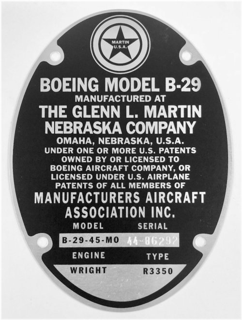 Enola Gay Data Plate Replica
