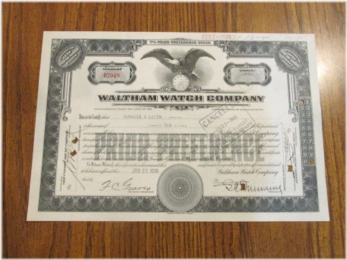 Vintage Waltham Watch Company Stock Certificate