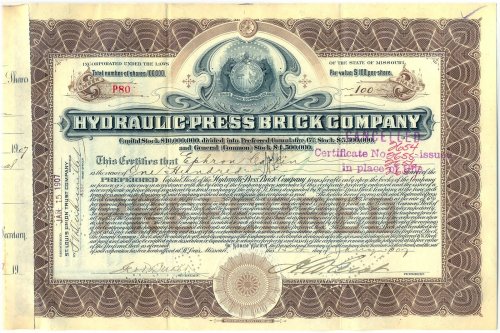 Eliot Hydraulic Press Brick Stock Certificate