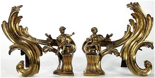 Bronze Putti Andirons with Rococo Scrolls
